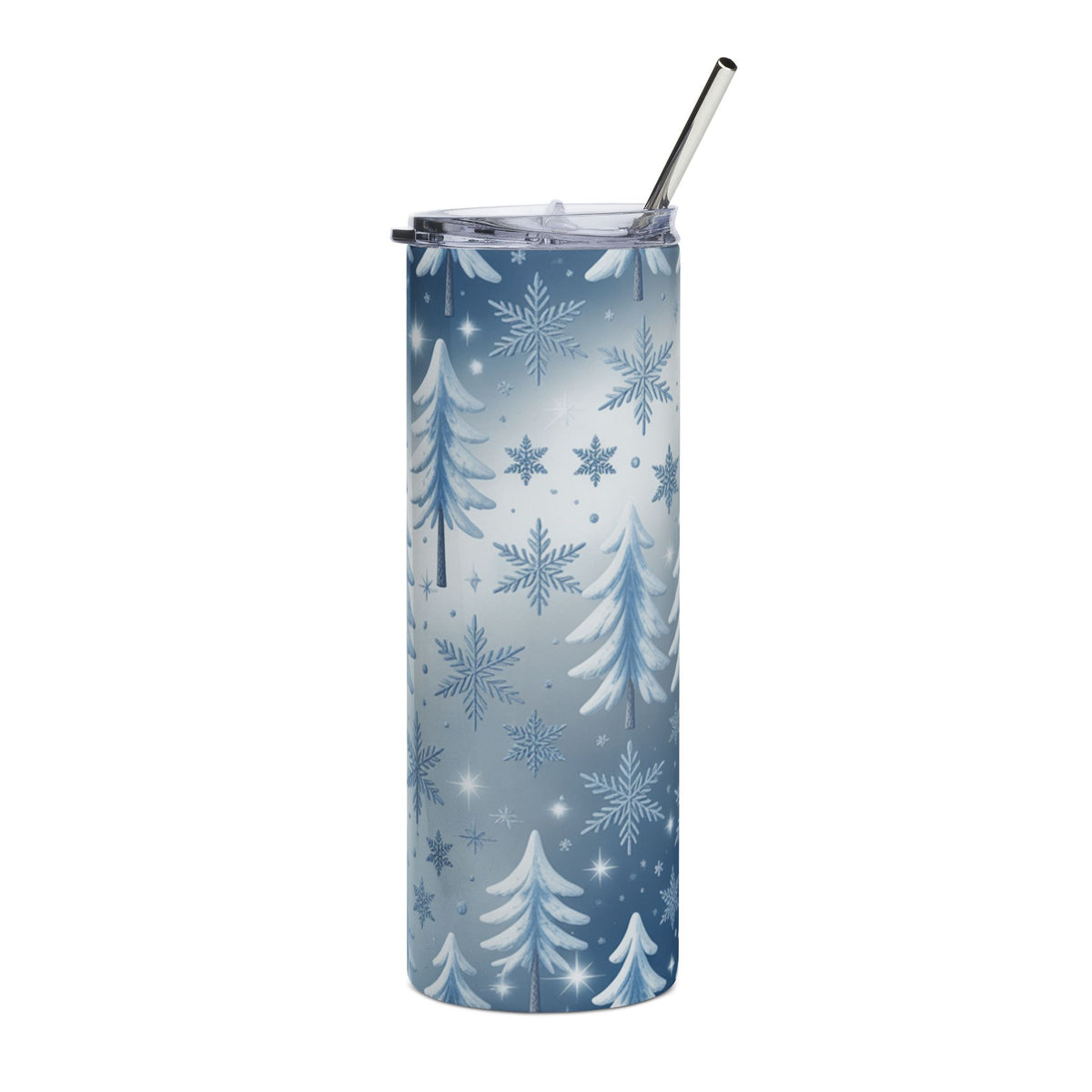 Blue tumbler with white snowflakes and pine trees, featuring a metal straw.
