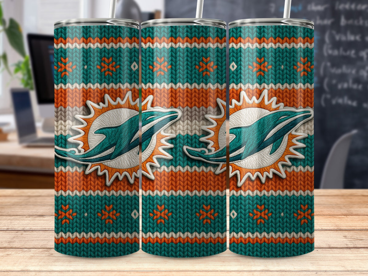 Miami Dolphins tumbler with a knitted pattern and repeating team logo.