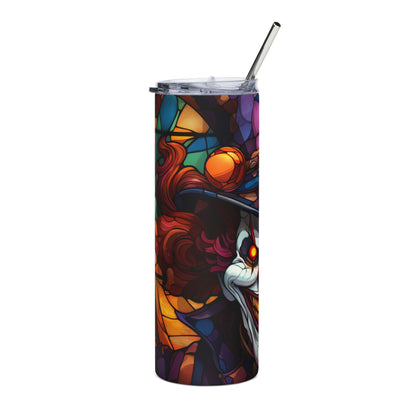 Tumbler with stained glass clown design and metal straw.