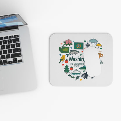 Mousepad with Washington state map, icons, and text "Washin THE EVERGREEN STATE".