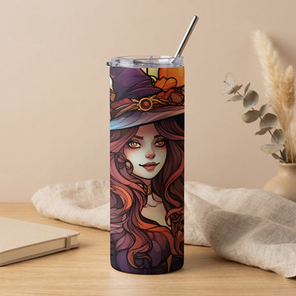 Tumbler with witch illustration and metal straw.