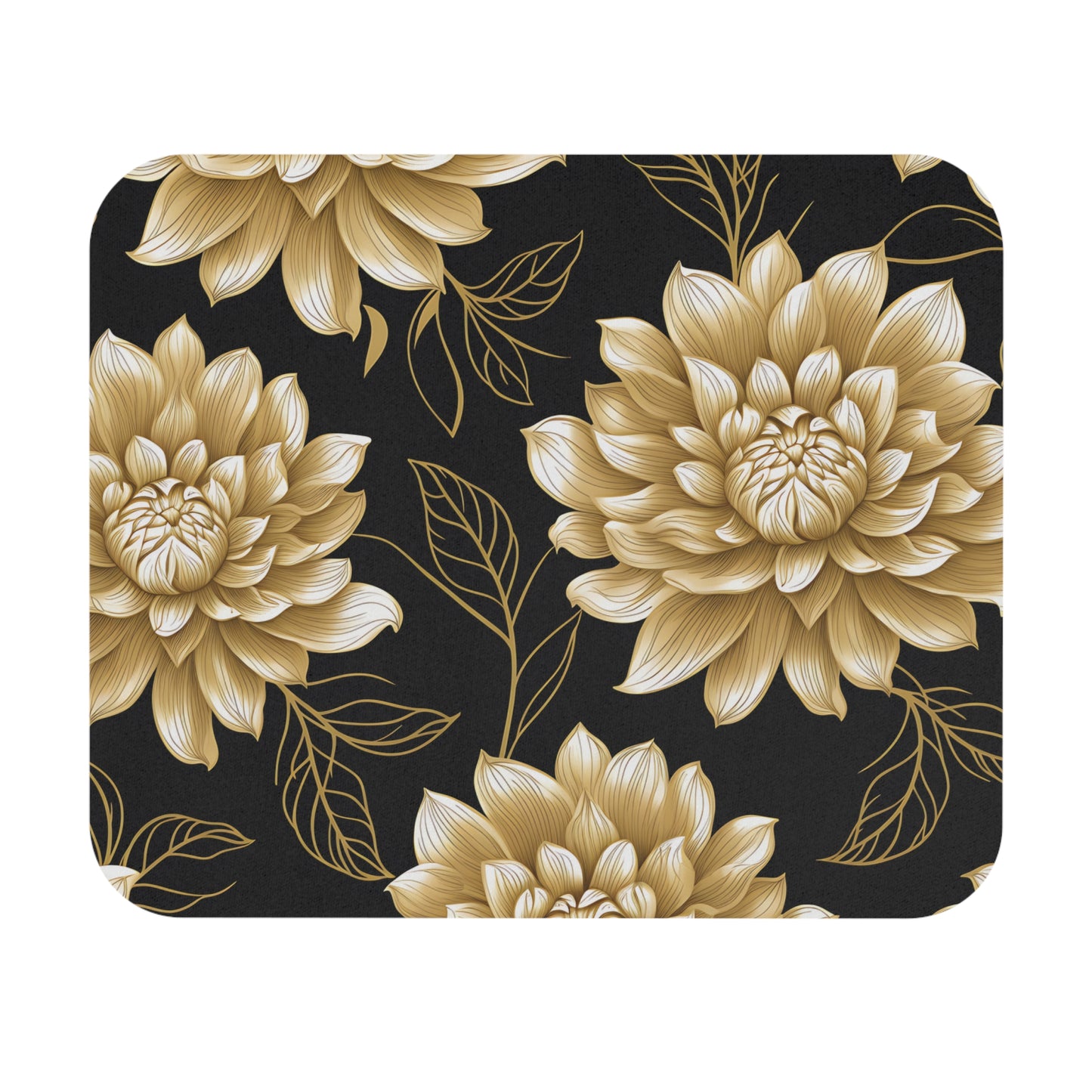Pattern of golden dahlias and leaves on a black textured background.