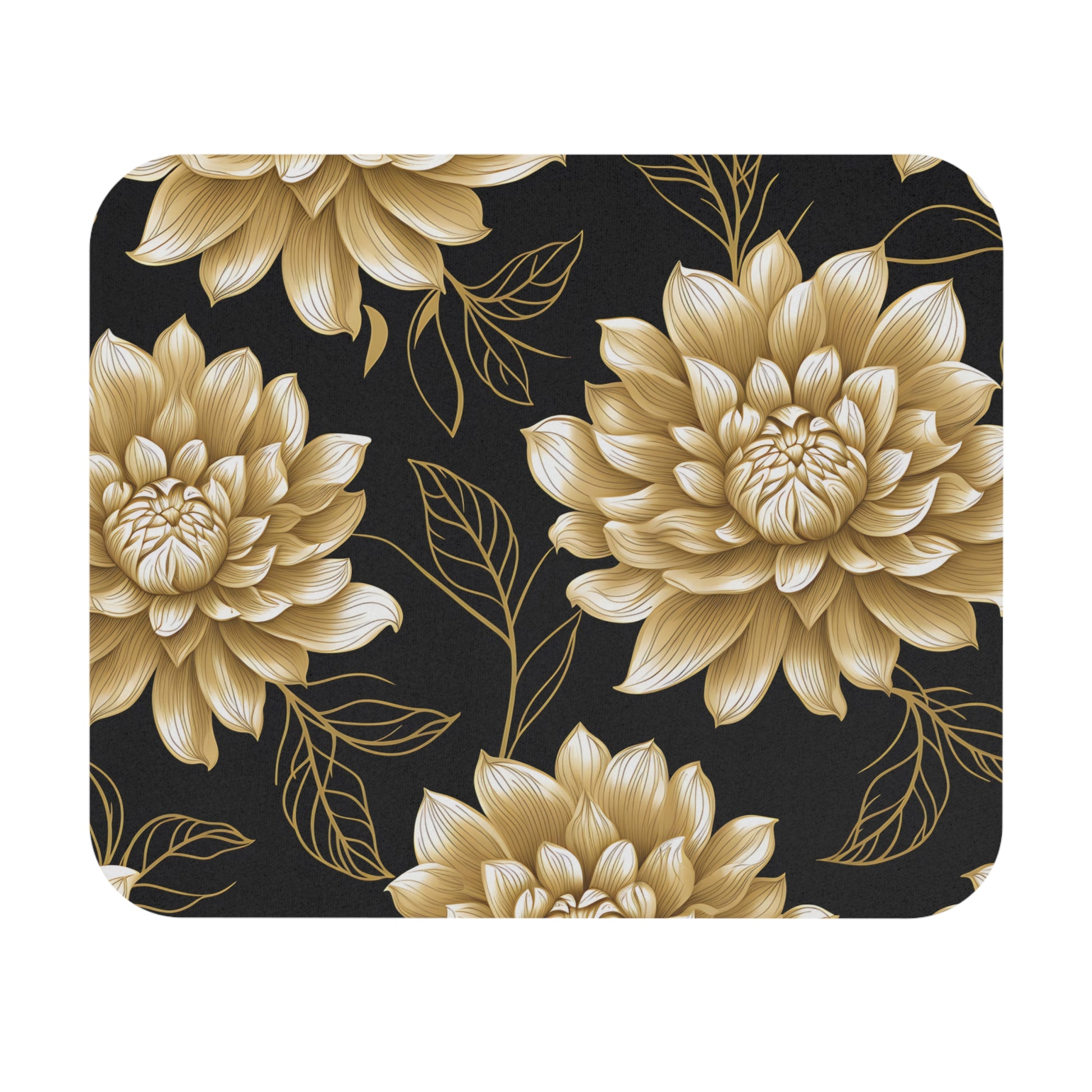 Pattern of golden dahlias and leaves on a black textured background.