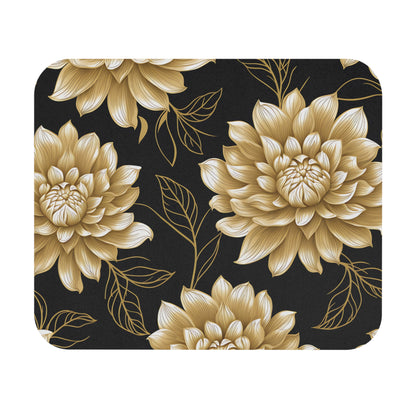 Pattern of golden dahlias and leaves on a black textured background.