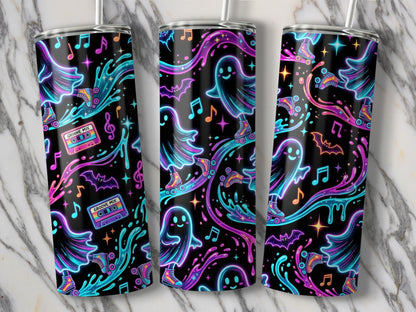 Three tumblers with a retro neon Halloween ghost and roller skate pattern.