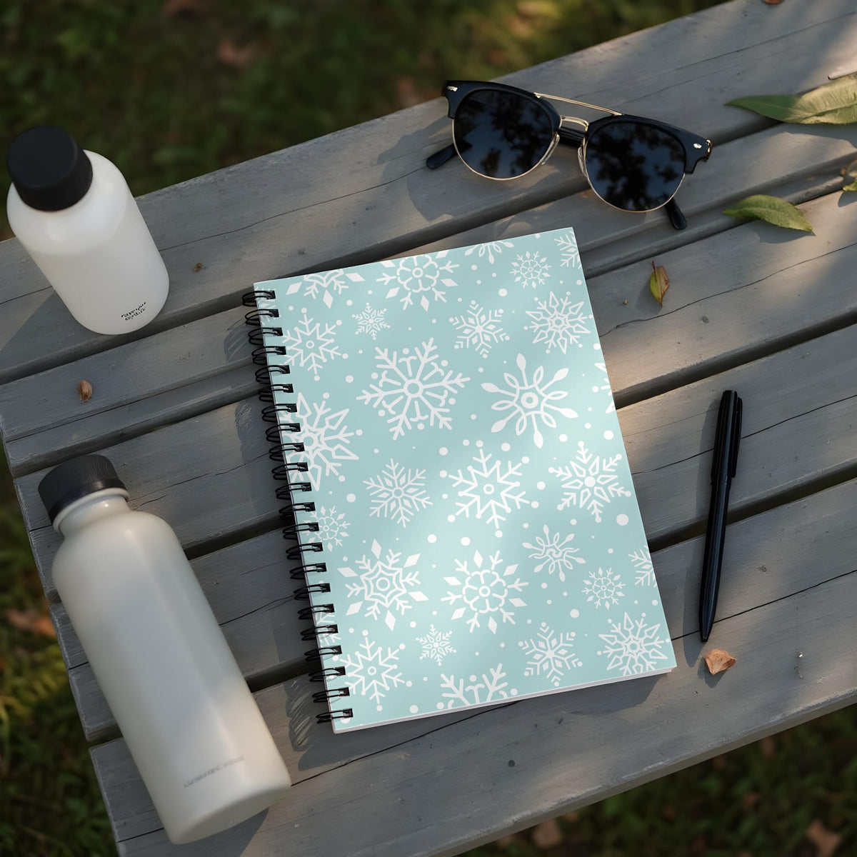 Spiral notebook with white snowflake pattern on a light blue cover.