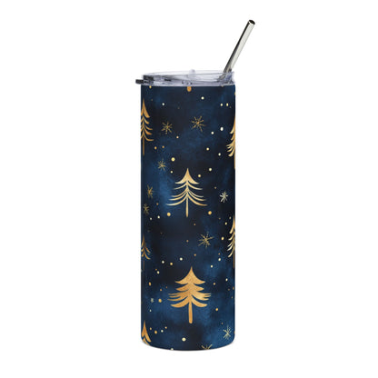 Tall navy tumbler with gold pine trees and star pattern and silver straw.
