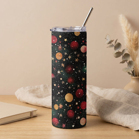 Tall tumbler with dark green space pattern, red and gold ornaments, and stars.