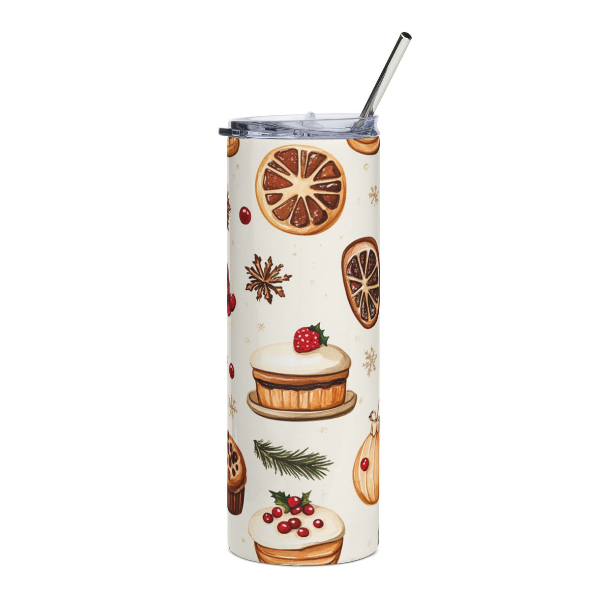 Tall tumbler with a winter holiday pattern of cakes, oranges, and berries.