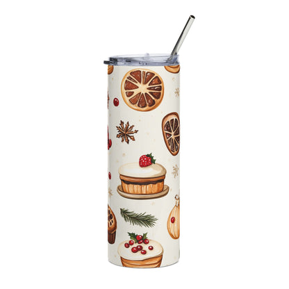 Tall tumbler with a winter holiday pattern of cakes, oranges, and berries.