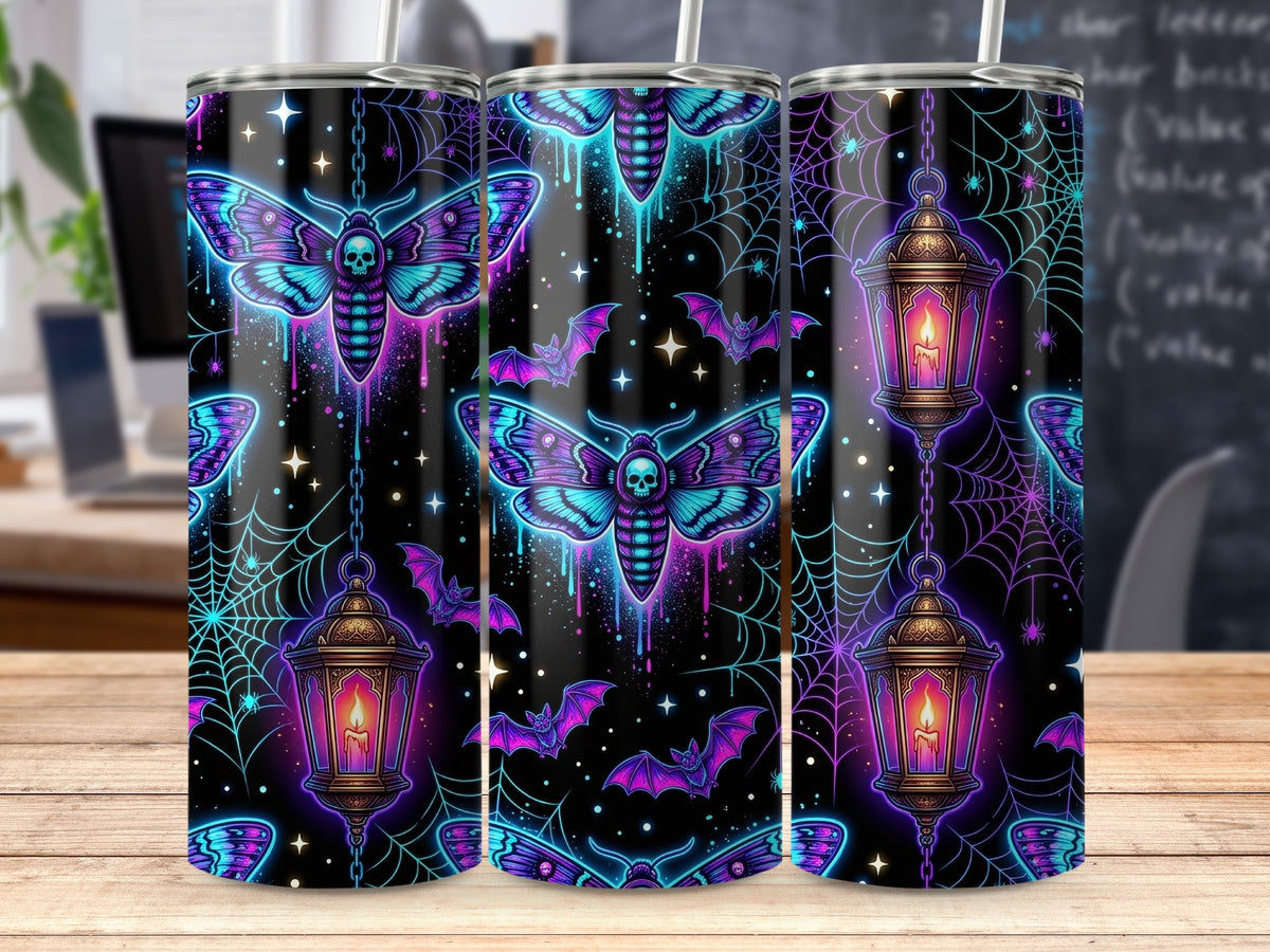 Death's-head moth, bats, lanterns, and spiderwebs adorn a black tumbler.