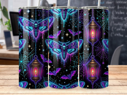 Death's-head moth, bats, lanterns, and spiderwebs adorn a black tumbler.