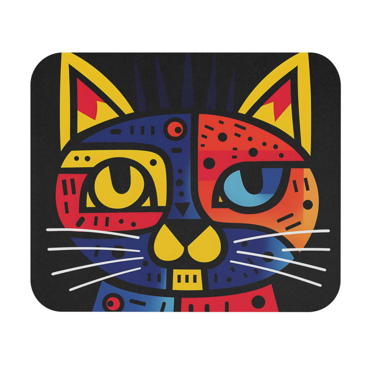 Abstract geometric cat face with vibrant colors and white whiskers on black background.