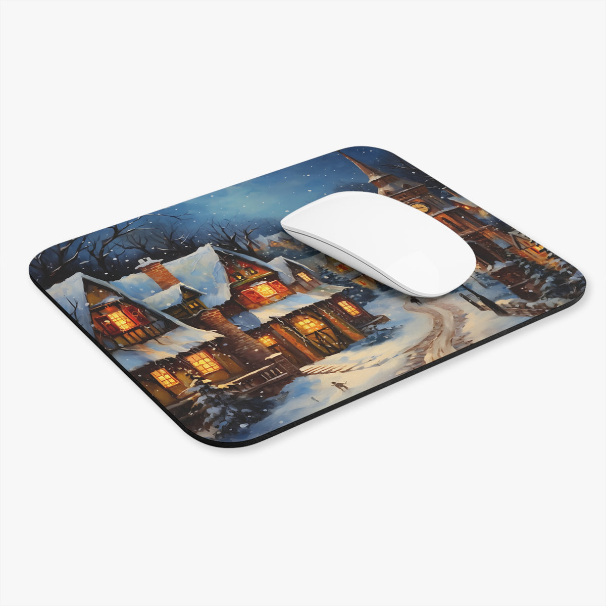 Mousepad with painting of a cozy, snow-covered village at night.