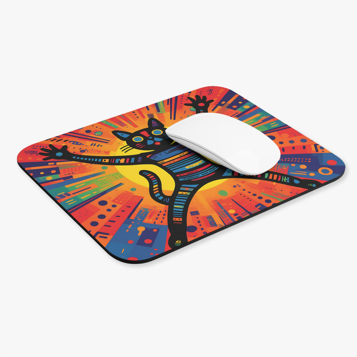 Mousepad with a colorful abstract cat design and a white computer mouse.