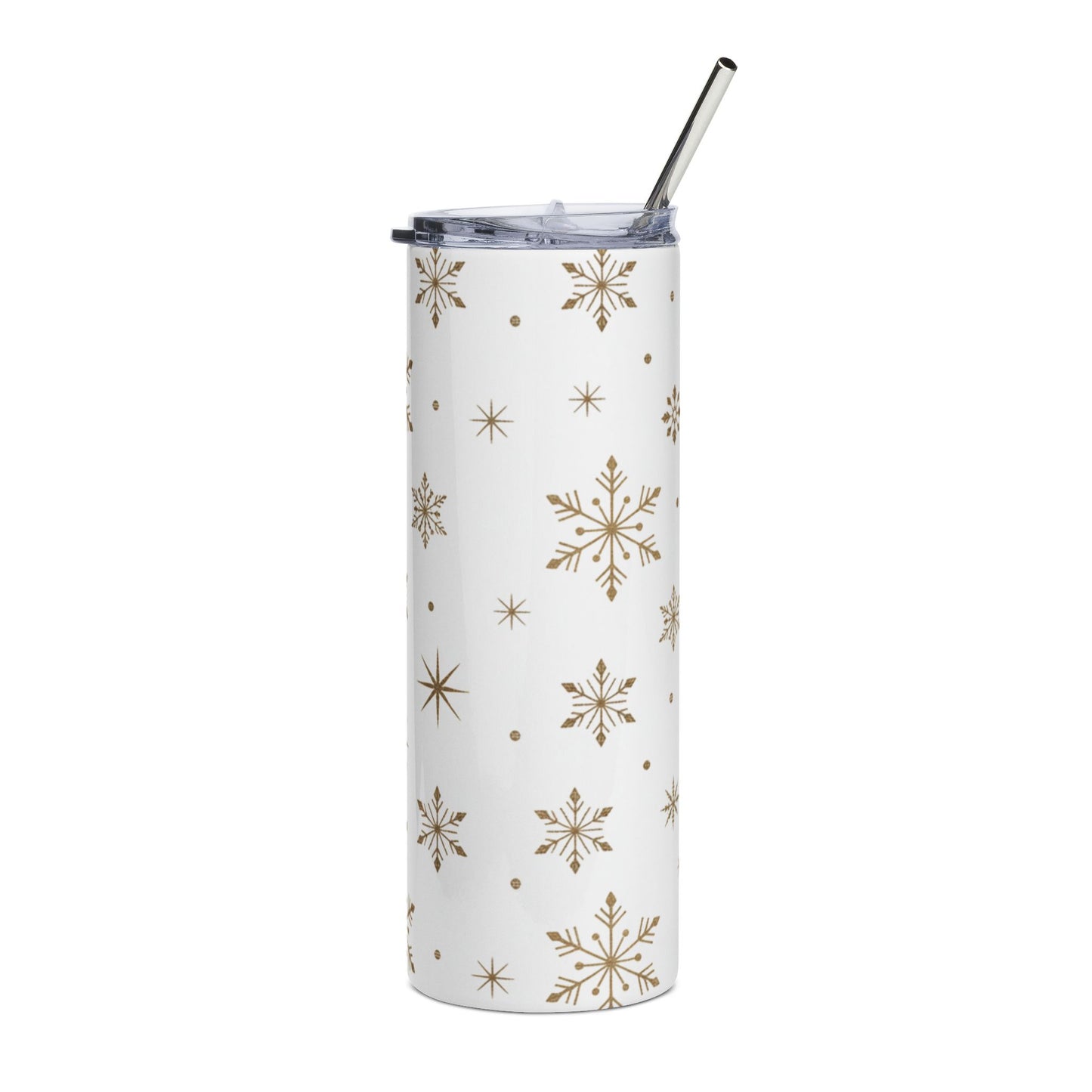 White tumbler with gold snowflake pattern and silver straw.