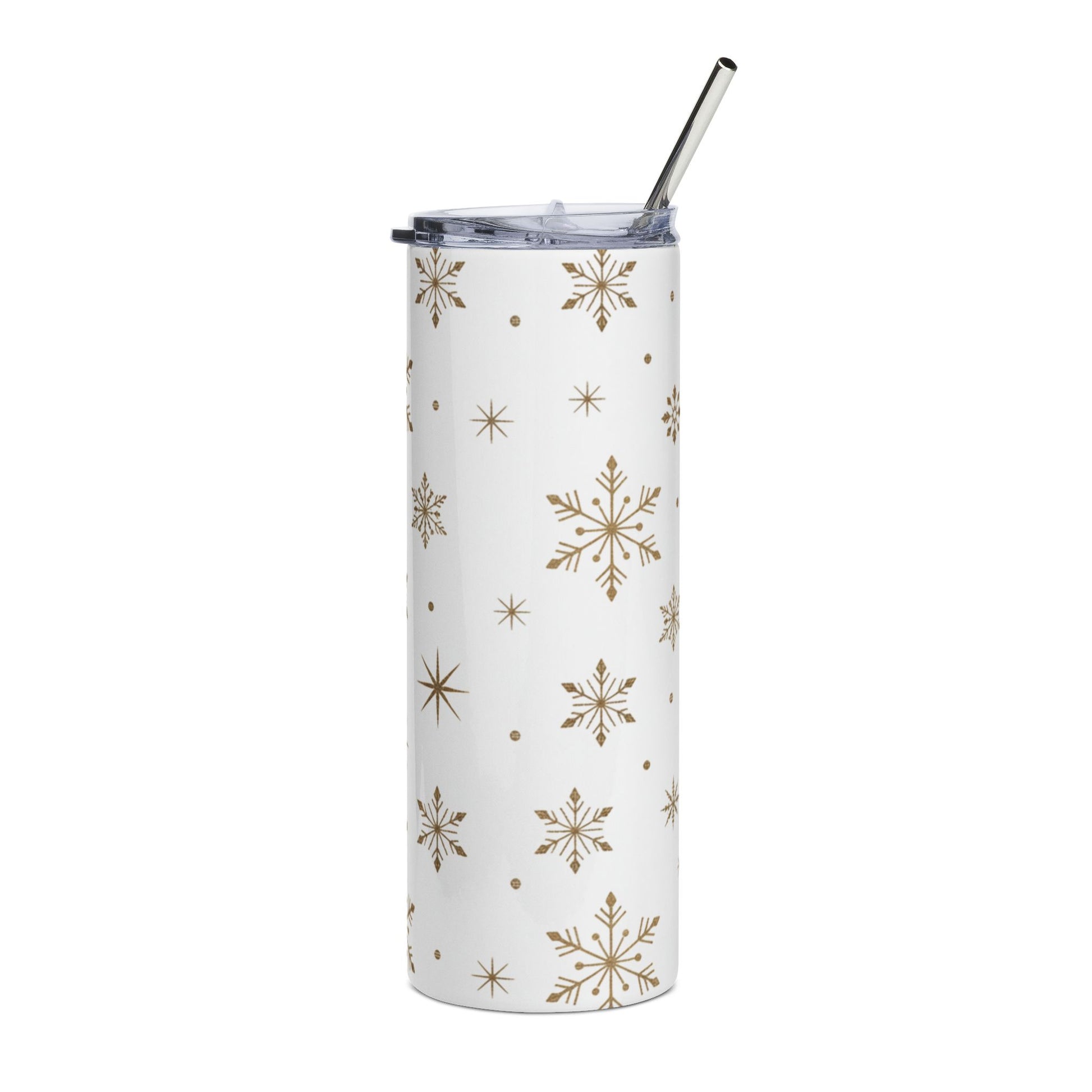 White tumbler with gold snowflake pattern and silver straw.
