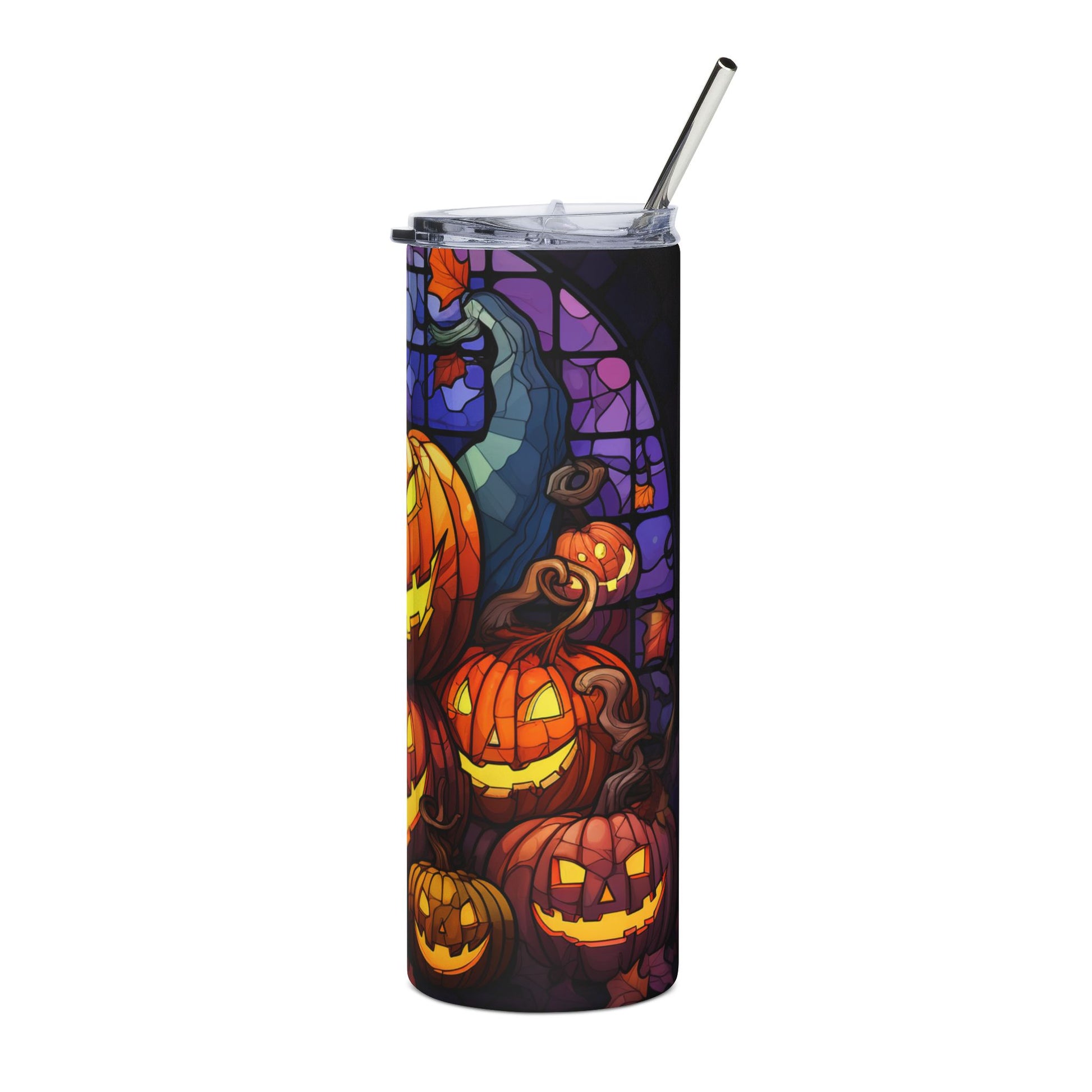 Tall tumbler with Halloween jack-o'-lanterns and stained glass design.