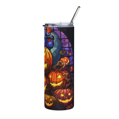Tall tumbler with Halloween jack-o'-lanterns and stained glass design.