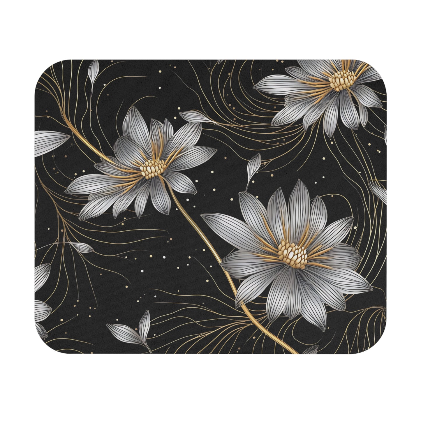 Black background with stylized silver and gold flowers and swirling gold lines.
