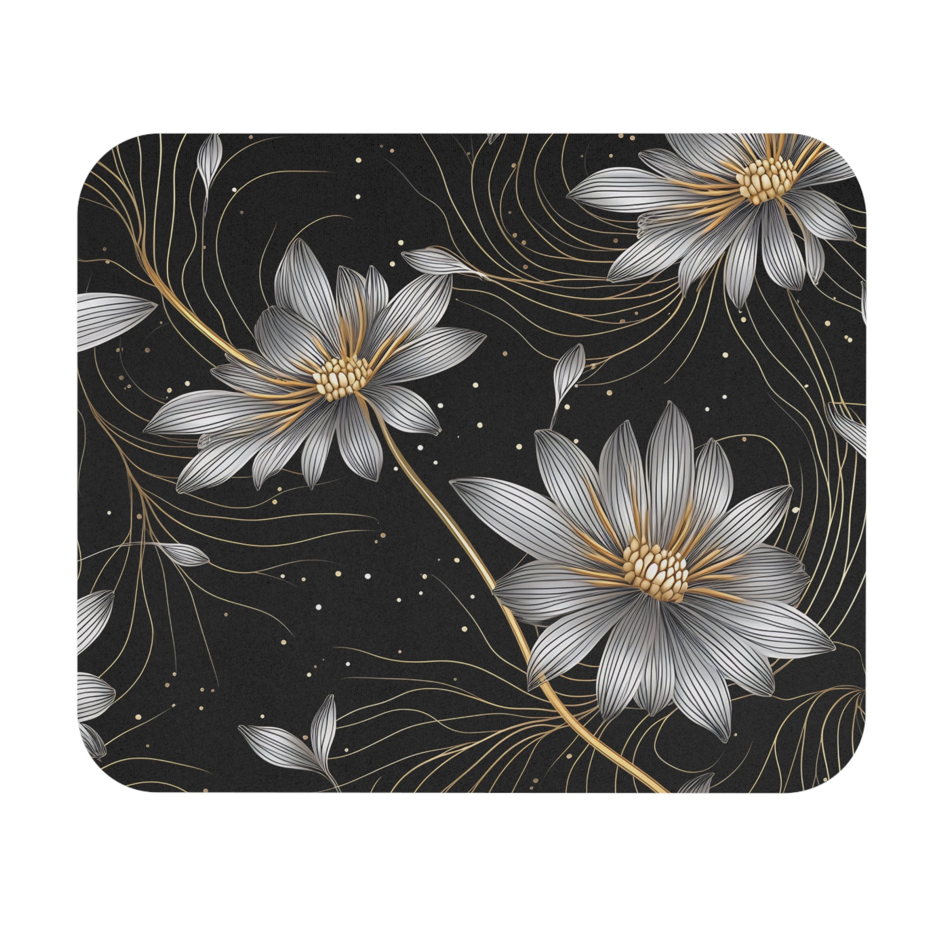 Black background with stylized silver and gold flowers and swirling gold lines.