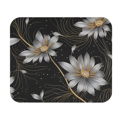 Black background with stylized silver and gold flowers and swirling gold lines.