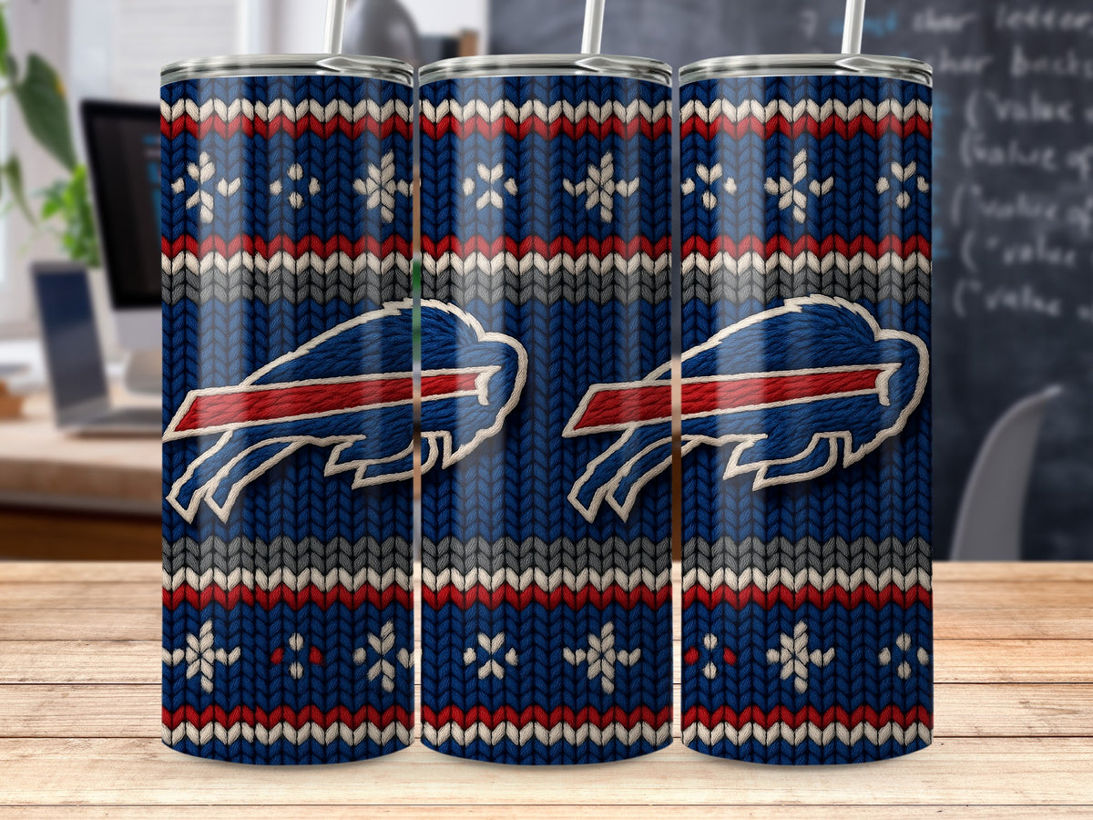 Buffalo Bills ugly sweater pattern tumbler with straw.