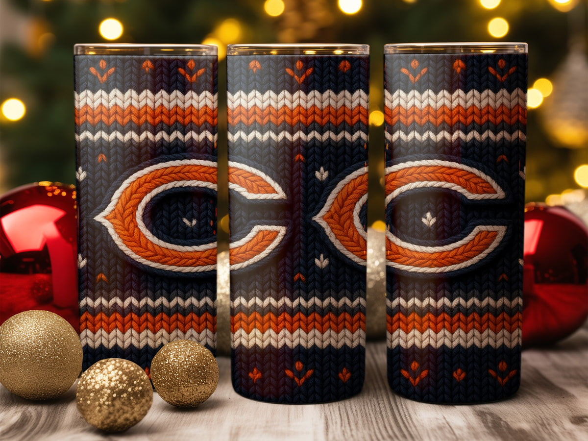 Three tumblers with a dark blue knit pattern featuring Chicago Bears logos and holiday decorations.