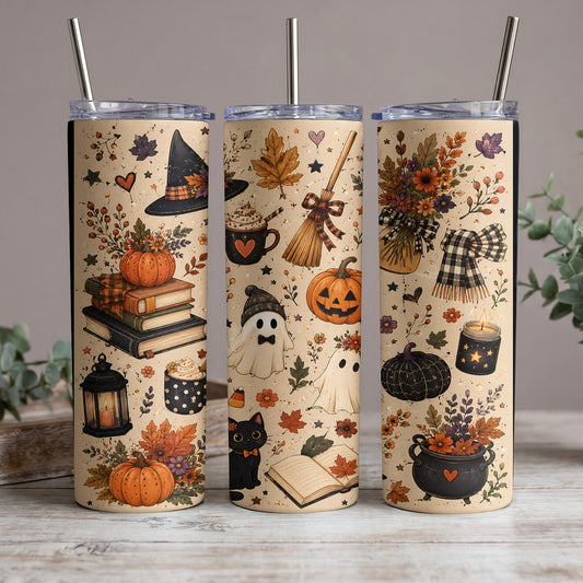 Halloween themed tumblers with pumpkins, ghosts, witches hat, broom, black cat, and autumn leaves.