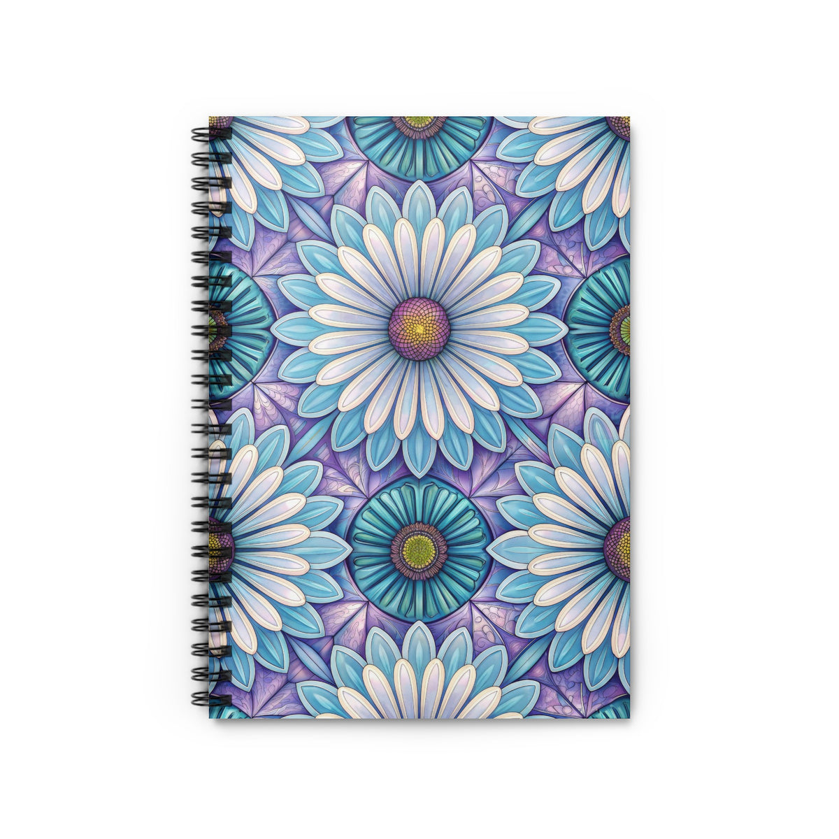 Spiral bound notebook with a blue and purple mandala floral design.