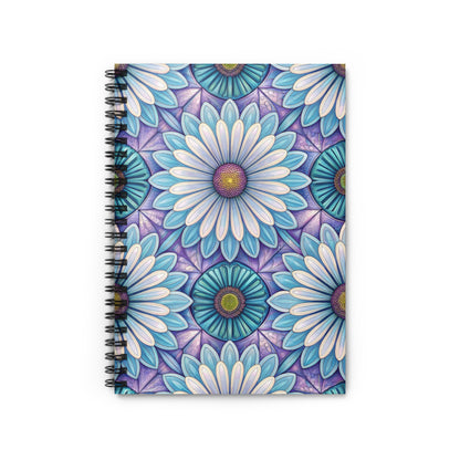 Spiral bound notebook with a blue and purple mandala floral design.