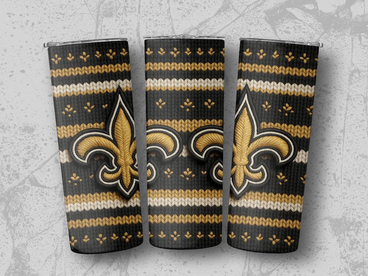 New Orleans Saints fleur-de-lis on black tumbler with knit pattern.