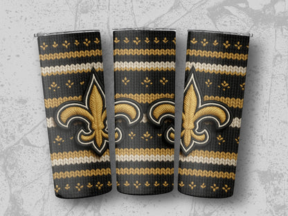 New Orleans Saints fleur-de-lis on black tumbler with knit pattern.