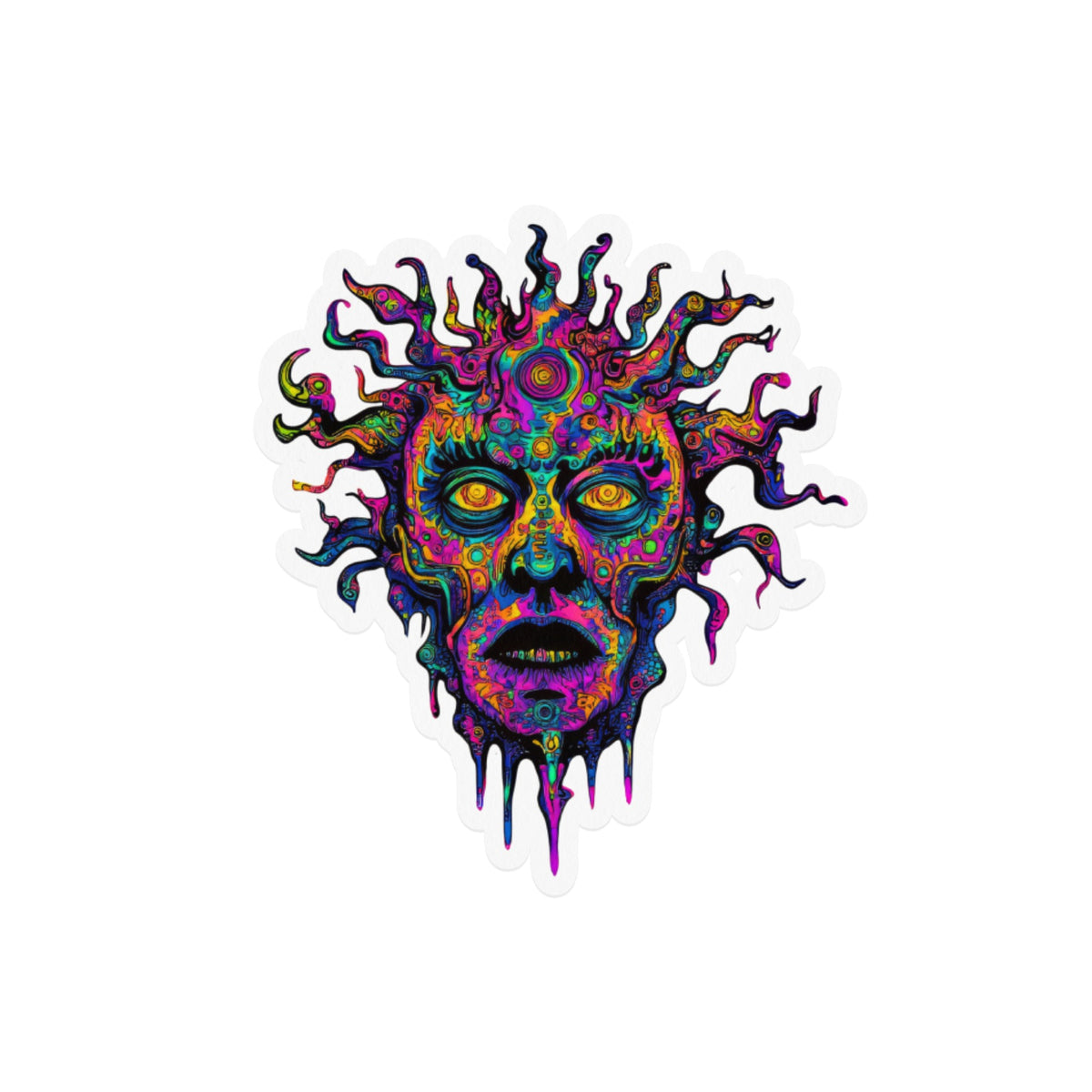 Psychedelic melting face with swirling, colorful tendrils and radiating lines.
