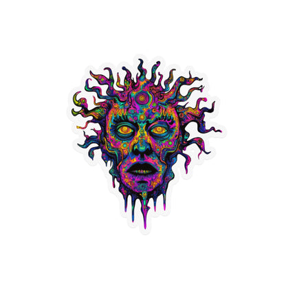 Psychedelic melting face with swirling, colorful tendrils and radiating lines.