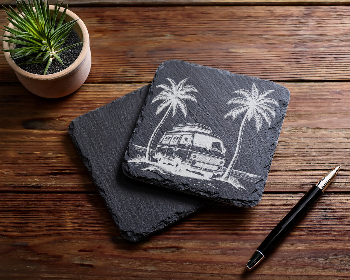 Slate coaster engraved with a vintage camper van and palm trees.
