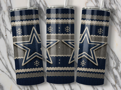 Three tumblers with a blue, grey, and white knit pattern and a star.
