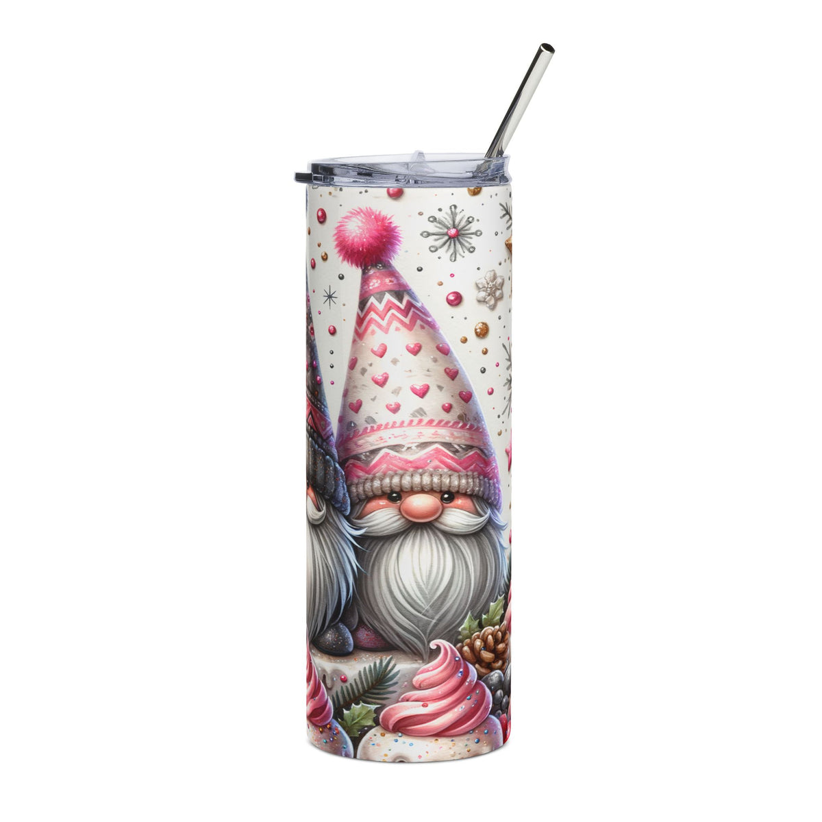 Tumbler with festive gnomes, hearts, snowflakes, and holiday treats.