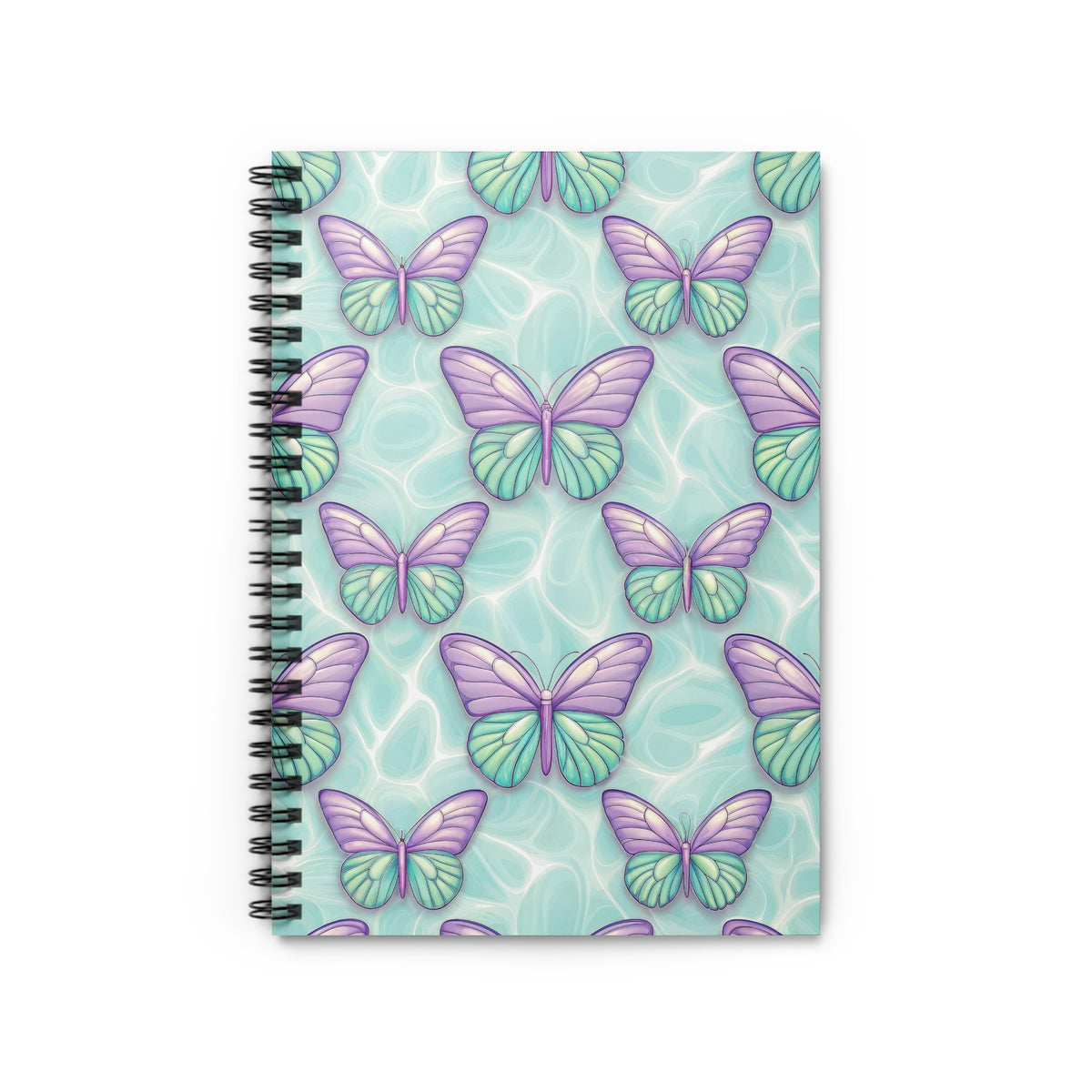 Spiral notebook with purple and green butterfly pattern on a light blue water background.
