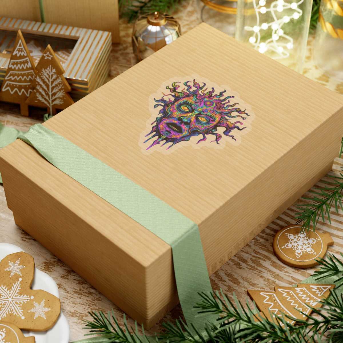 Vibrant psychedelic sun sticker on a gift-wrapped box with Christmas decorations.