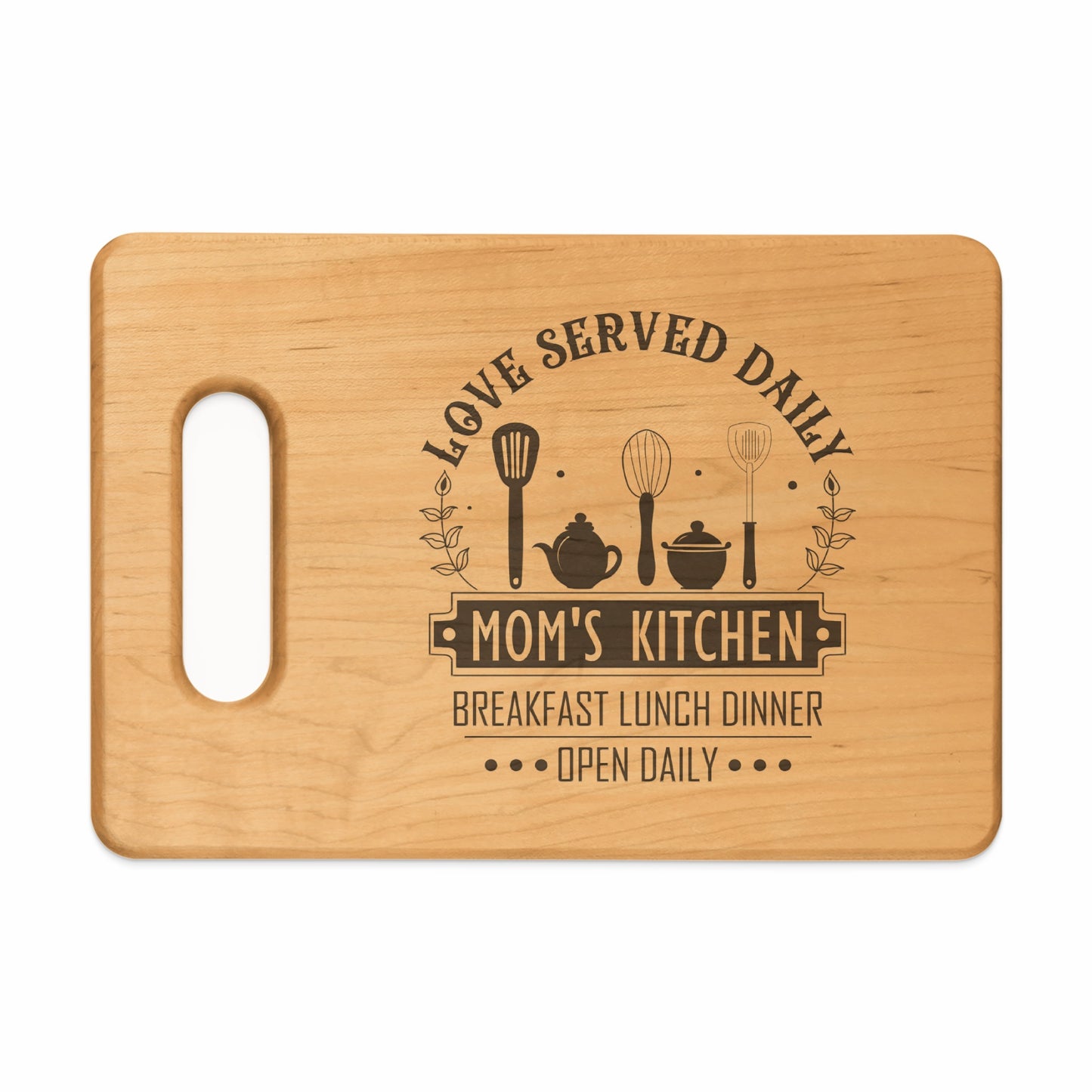 Wooden cutting board with "Mom's Kitchen" and kitchen utensils engraved design.