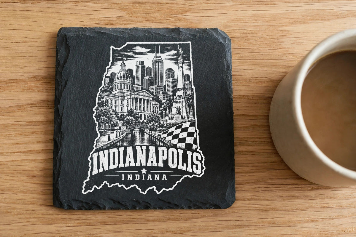 Square slate coaster featuring a white engraved Indianapolis city skyline design with text.