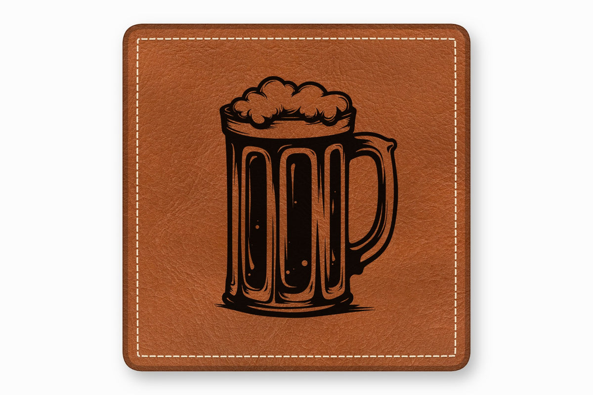 Brown leather square patch with white stitched borders and a black engraved beer stein design.