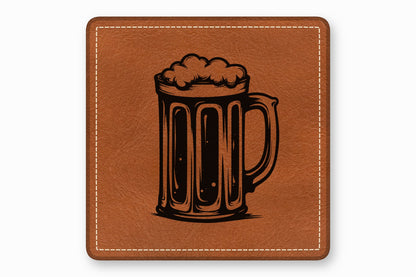 Brown leather square patch with white stitched borders and a black engraved beer stein design.