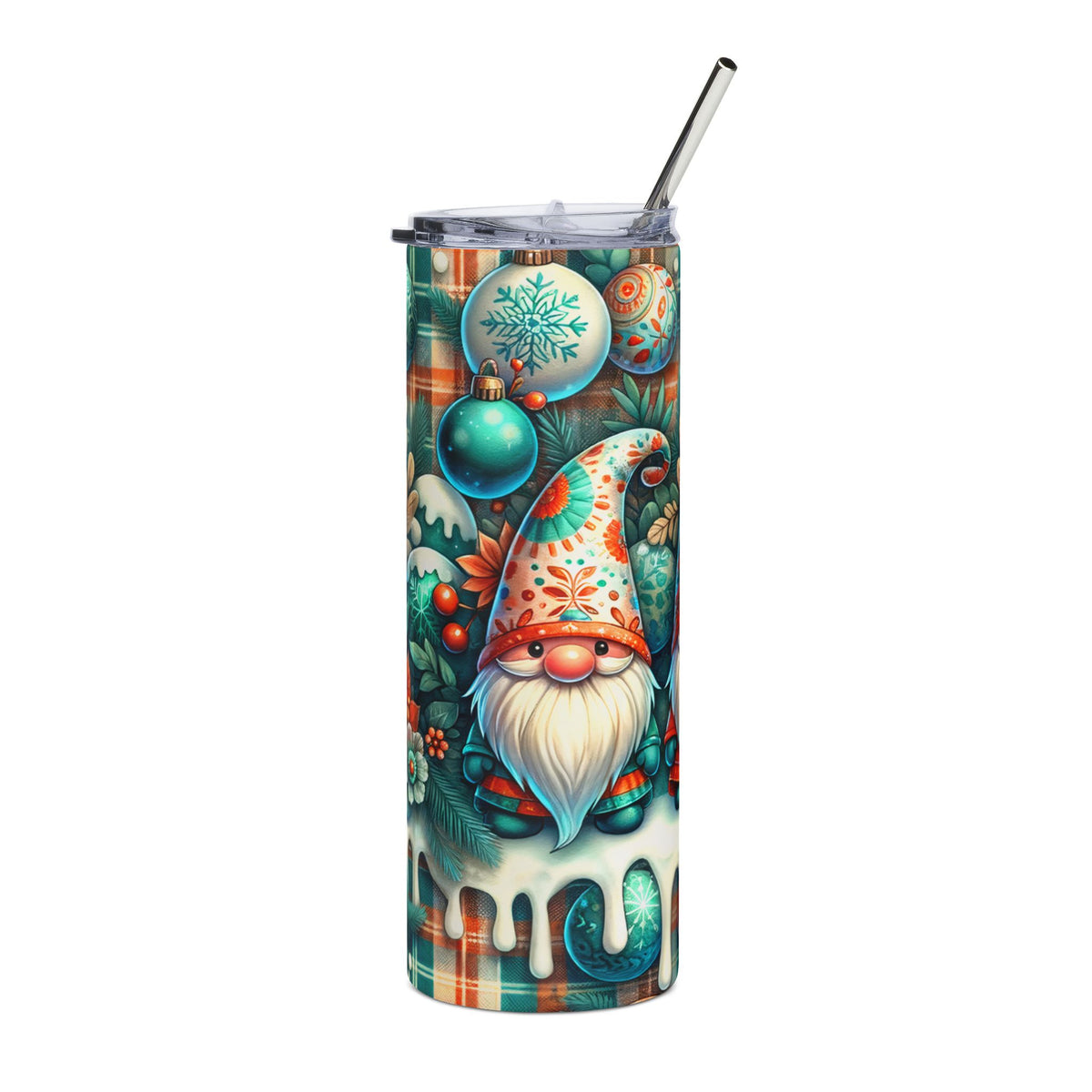 Tall tumbler with festive gnome and holiday ornaments on plaid background.