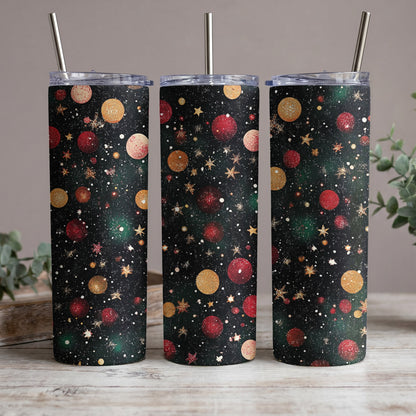 Three tumblers with a black background featuring red and gold planets and golden stars.