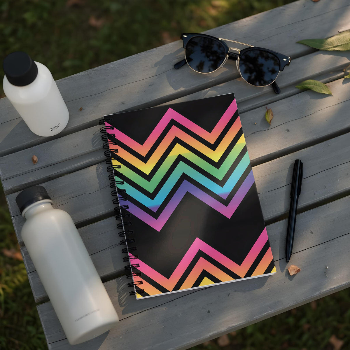 Spiral notebook with a black background and rainbow zigzag pattern.