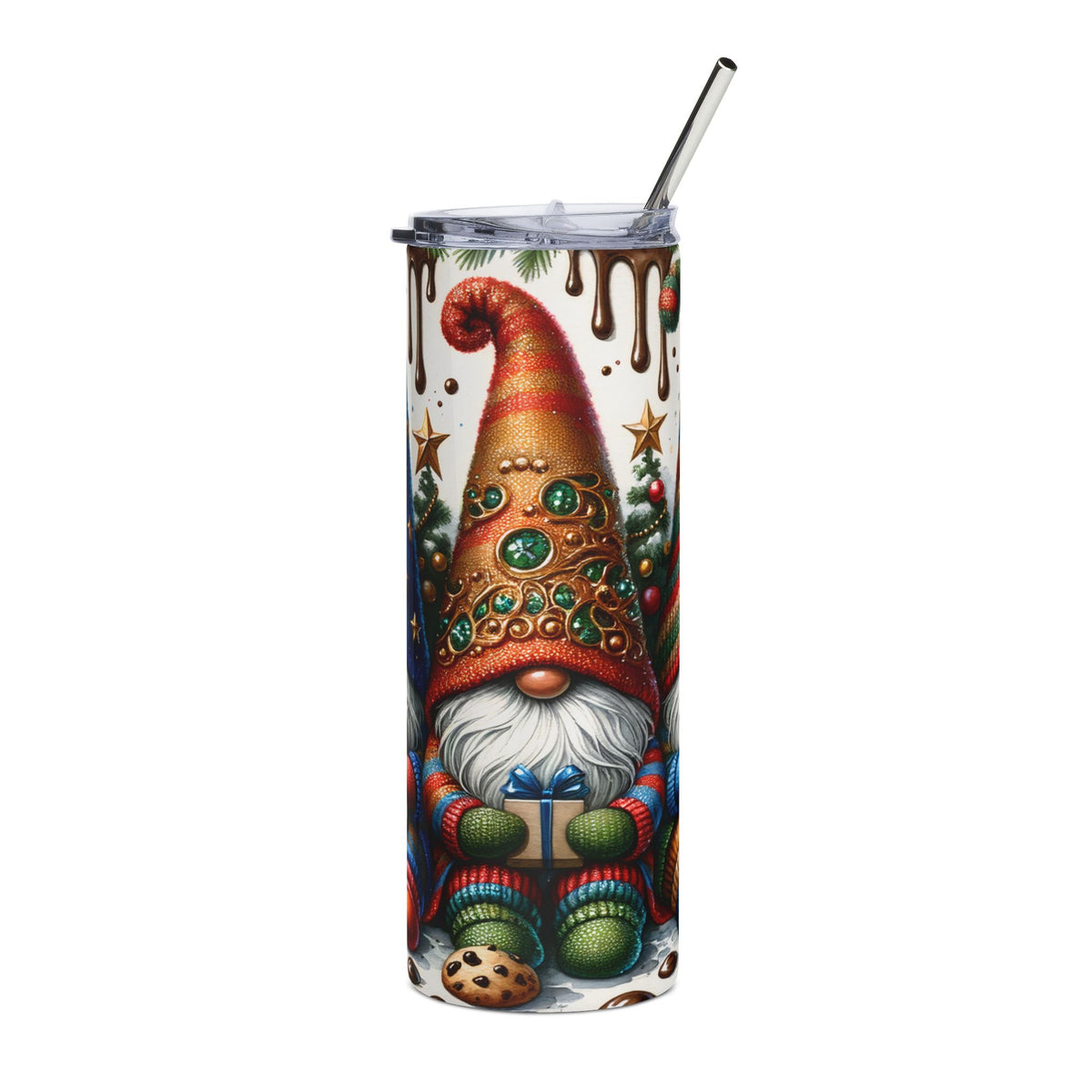 Tumbler with a Christmas gnome holding a gift and wearing a festive sweater.