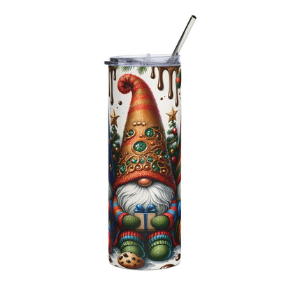 Tumbler with a Christmas gnome holding a gift and wearing a festive sweater.
