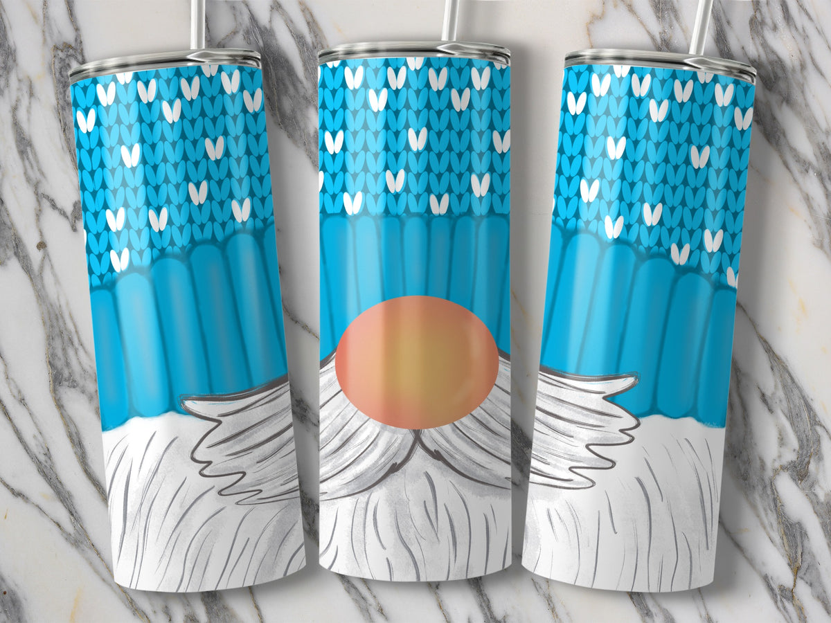 Three tumblers with blue knit pattern and white beard gnome design.